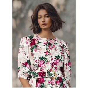 80s Cottagecore Floral Midi Dress Size Large Pink Short Sleeve Belt Button EUC